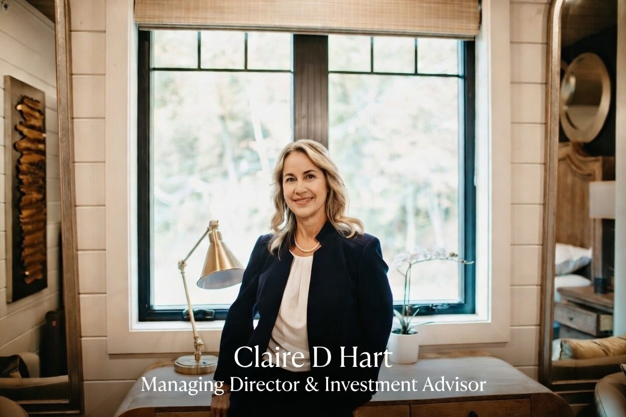 Portrait of Claire D Hart, Managing Director and Investment Advisor, standing beside a desk in a bright office.