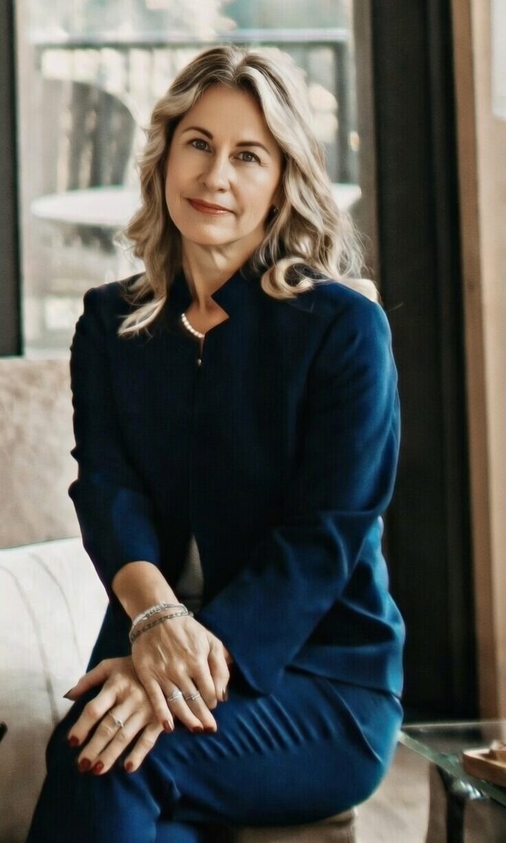 Professional woman with blonde hair wearing a navy suit and pearl necklace, seated indoors with a calm smile.