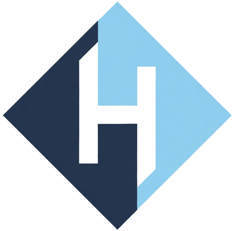 Logo: white H overlapping navy and light-blue diamonds. Brand logo with a white H in negative space between dark blue and light blue diamonds. App icon showing an H formed by negative space inside two overlapping blue diamonds.